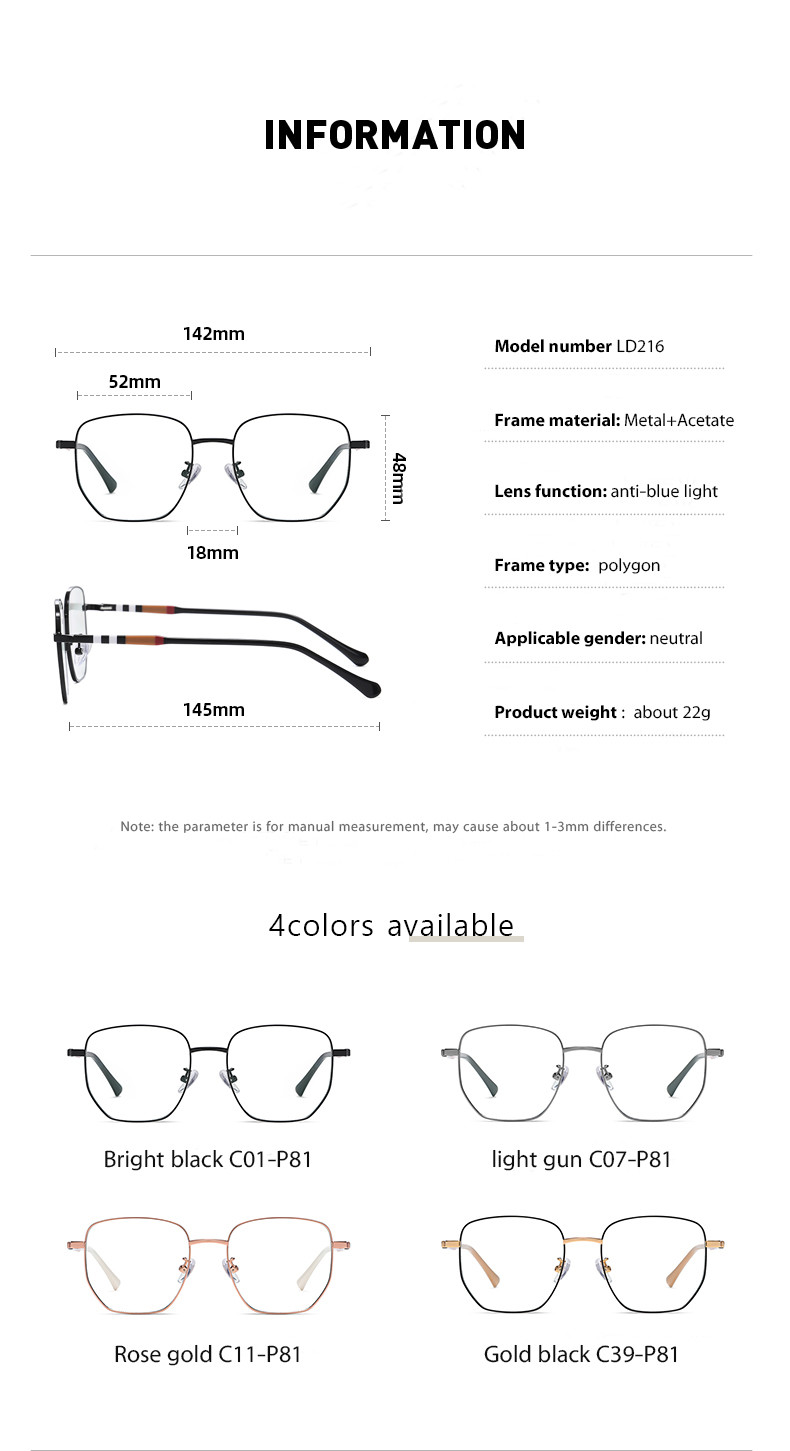 Transparent Lens Acetate Metal Glasses Large Frame Eyeglasses 5 Color
