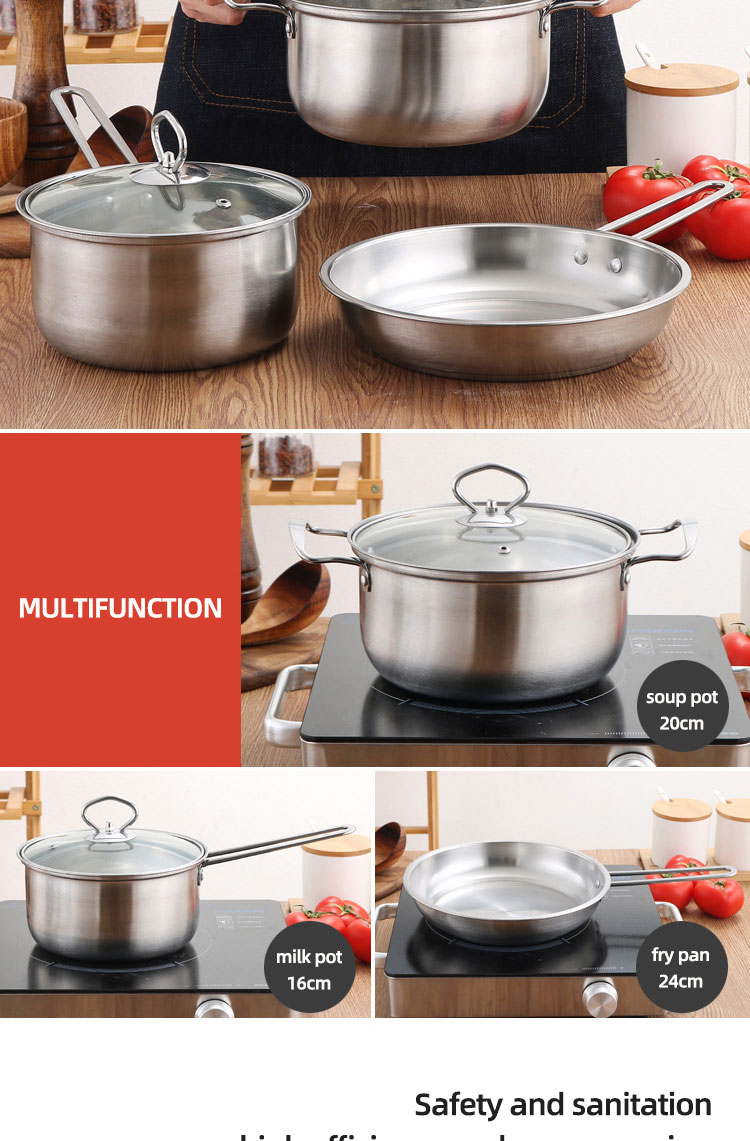 Hot Sale Kitchenware 3pcs Cookware Set Round Nonstick Stainless 410 Soup Pot Cooking Pot Set Custom Pots And Pans