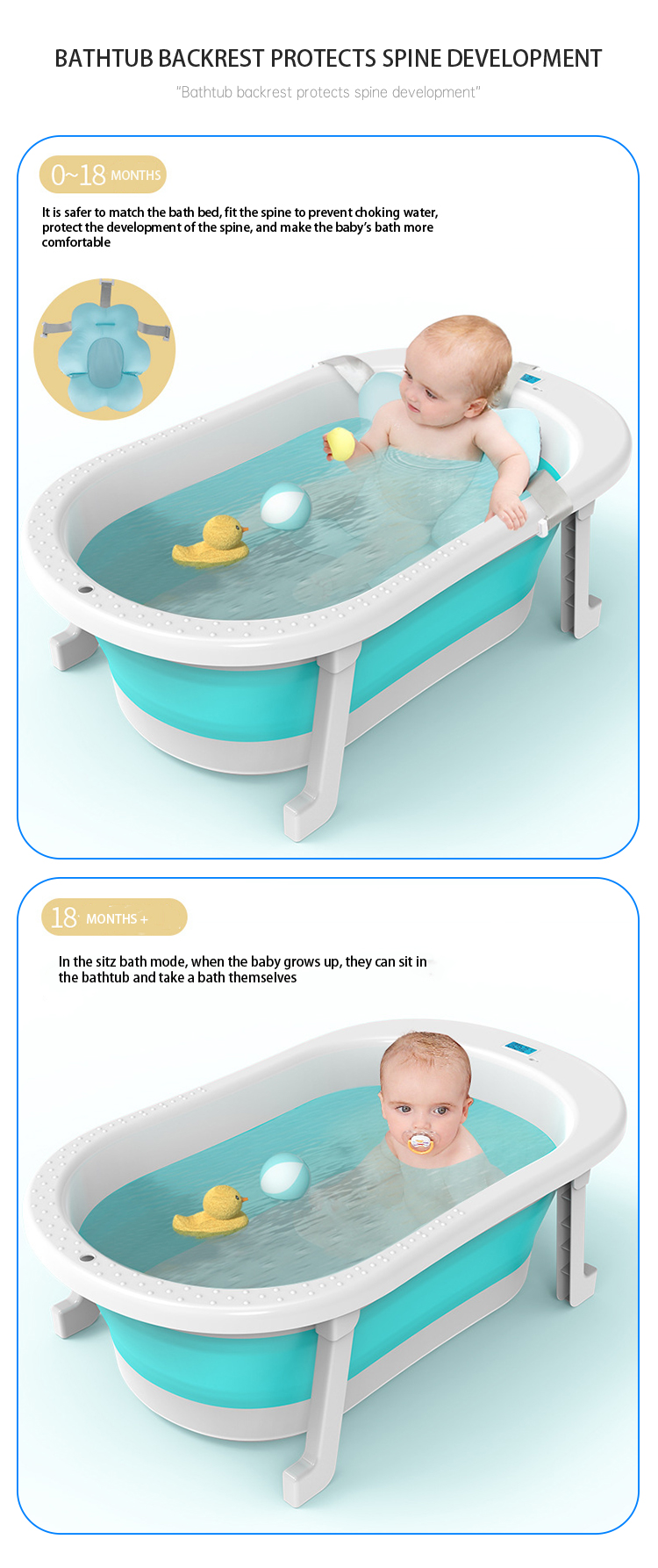 3 Colors Choose Customized Logo Collapsible Infant Tub Bigger Size Kids Bathtub With Thernometer Display