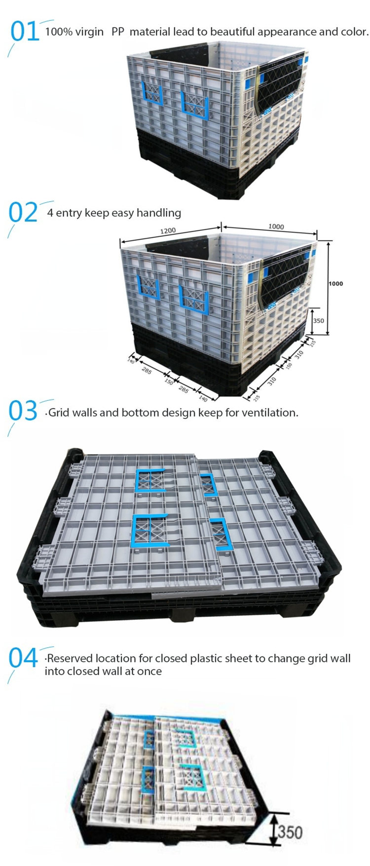 HDPE material box plastic pallet box storage autoparts bins container plastic heavy duty container