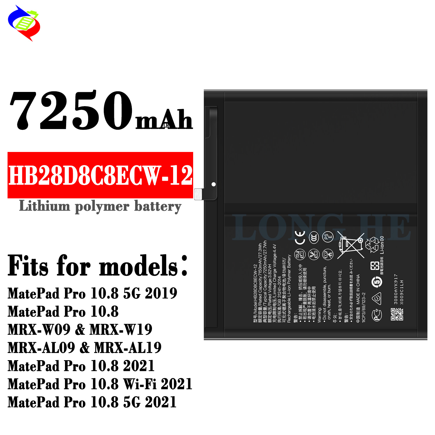 RECHARGABLE Li-ion Polyer Battery for HUAWEI MatePad Pro 10.8 2019 2021 HB28D8C8ECW-12