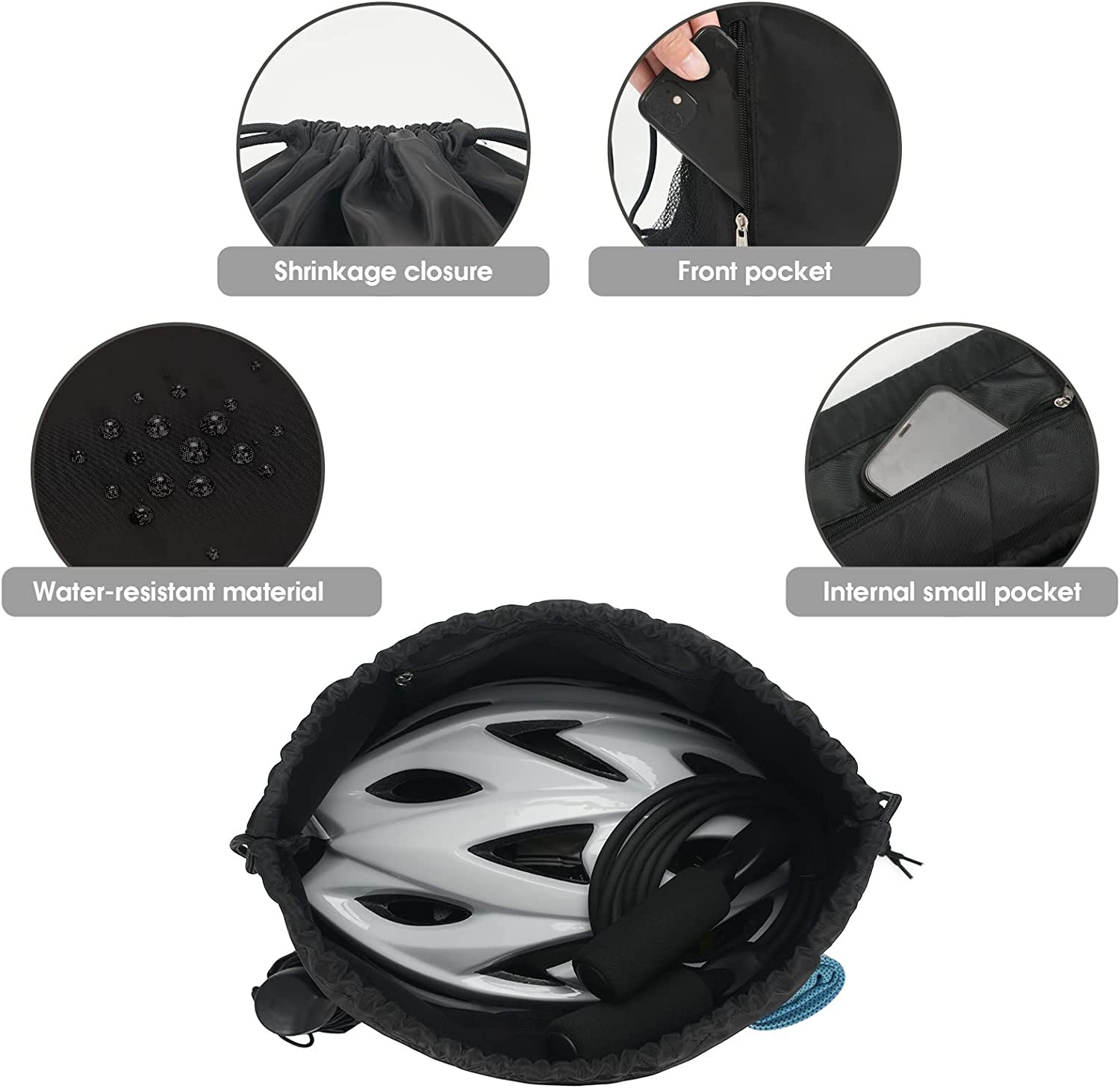 Durable Drawstring Backpack Sport Sackpack with Mesh Pockets Water Resistant String Bag for Women Men Children (Black)