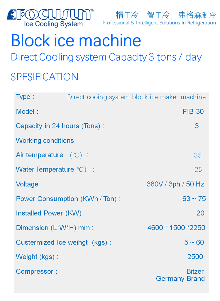 2500 KG Industrial Block Ice Maker Machine with 3P/220V-440V/50Hz/60Hz Power Supply