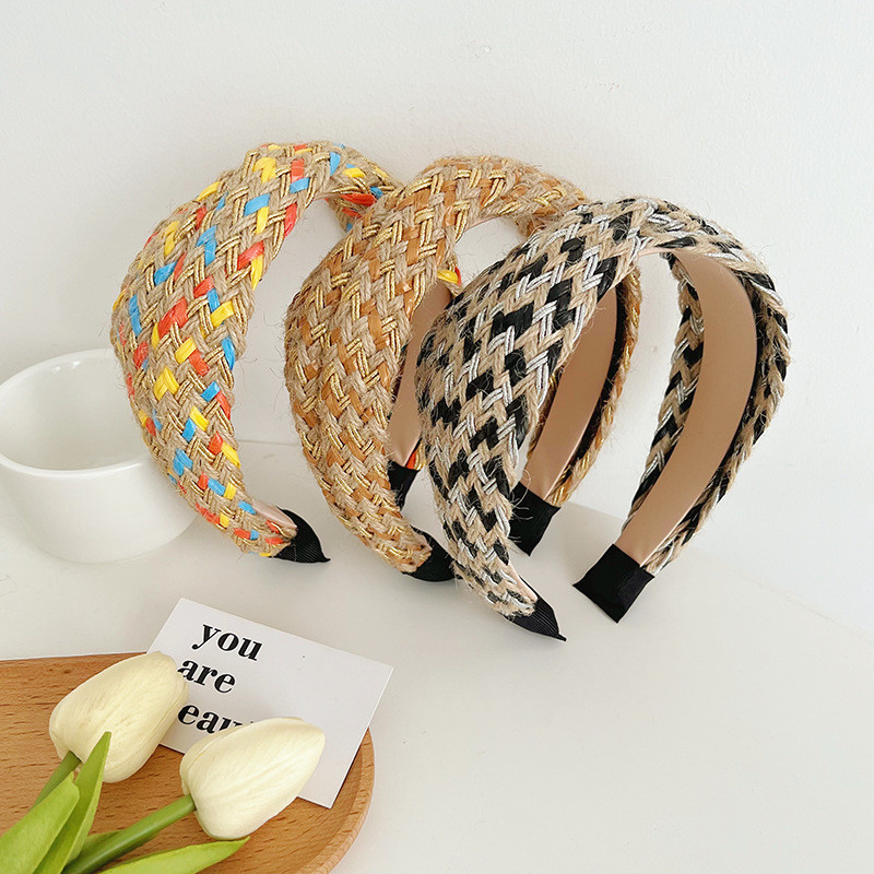 Simple Multi-Color Cross Straw Vintage Headband With Wide-Brimmed For Women