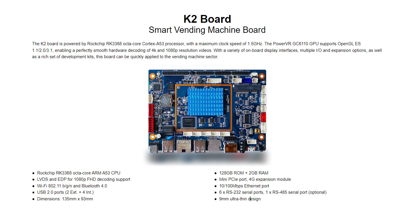 135mmx 93mm K-2 Smart Vending Machine K-2 Board Rockchip RK3368 octa-core ARM A53 CPU