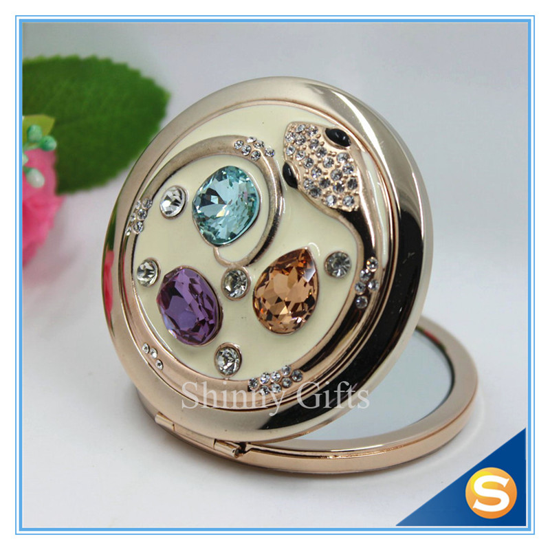 Shinny Gifts Custom Crystal Compact Mirror Handbag Small Round Shape Makeup Mirror