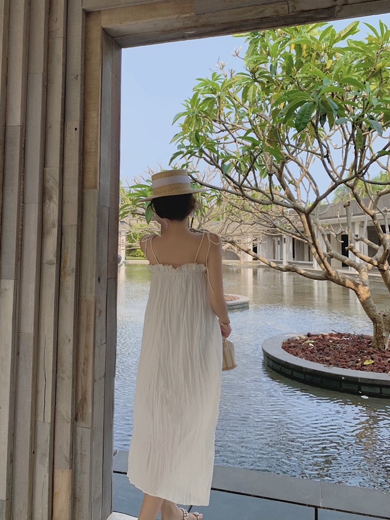 Cotton Square Collar Women's Beachwear Dresses , Backless White Loose Beach Dress