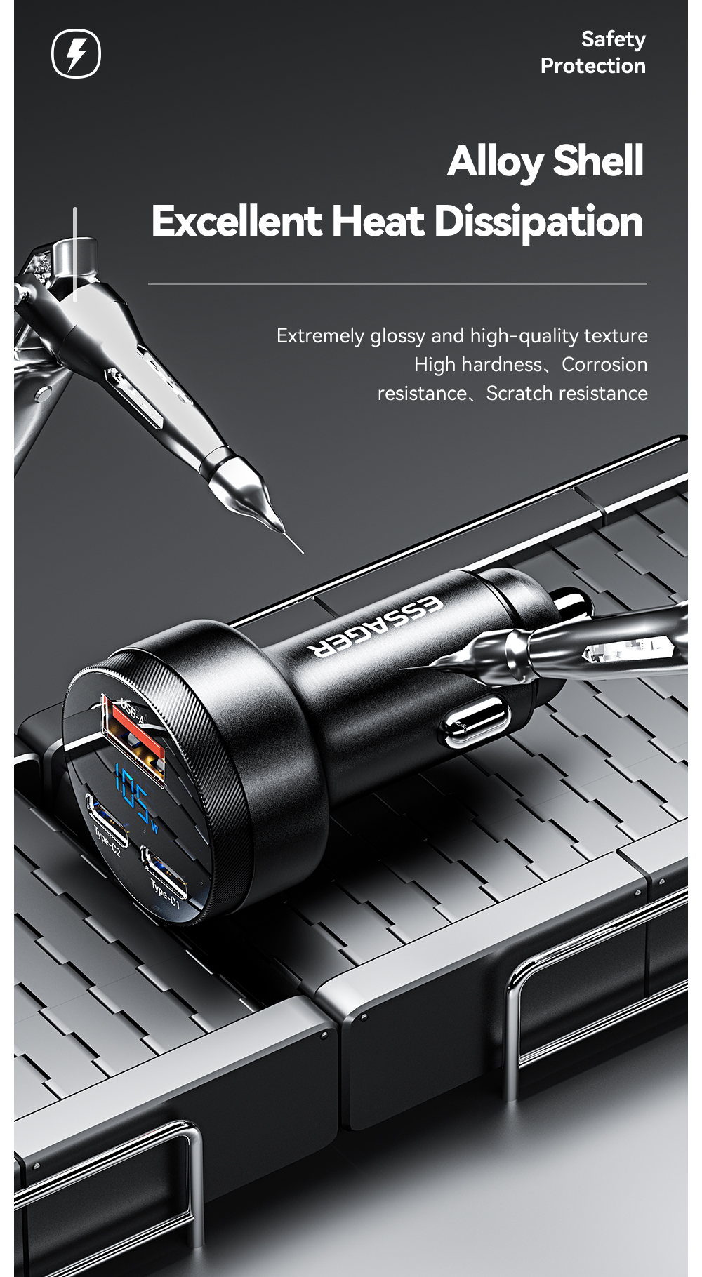 ESSAGER FSJ-008 Series 105W 3 Ports Fast USB Type C Car Charger