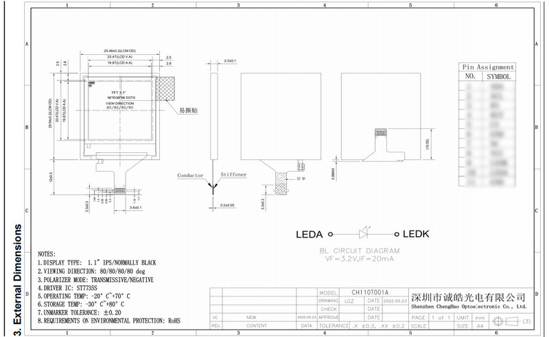 Color Active Matrix Thin Film Transistor Display 1.1'' Liquid Crystal Display Module