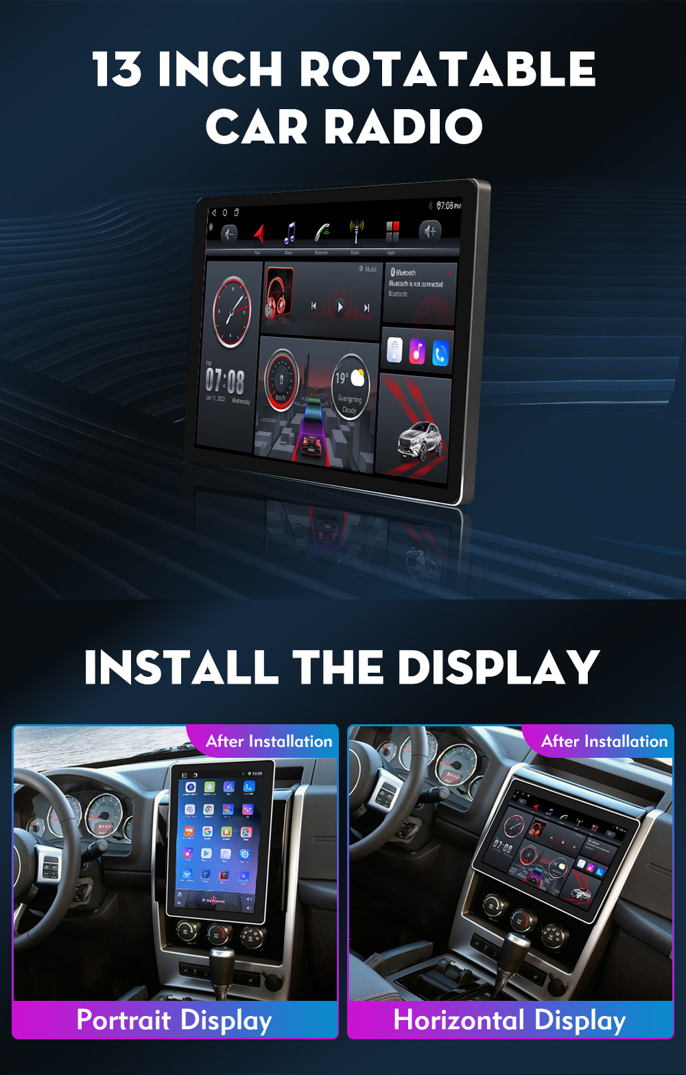 LCD Screen 13inch Car Radio 2 Din Android 4 64G Universal 360 Rotary Multimedia Player