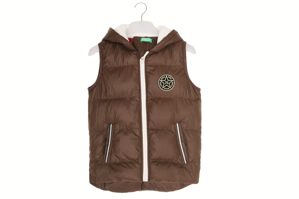 Brown 15/16 Size Kids Padded Gilet With Fur Lining Hood