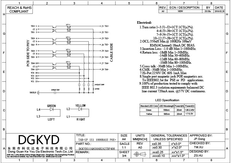 DGKYD511Q650AB2A27DP408 POE+180 Degree Vertical Straight In Interface Network Socket RJ45 Connection