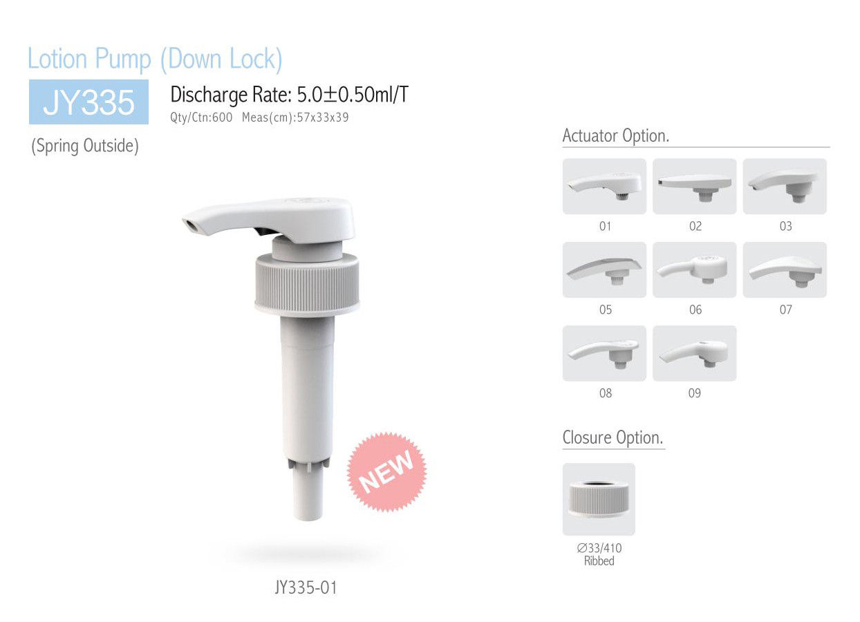 JY335-07 Water Proof Plastic Lotion Pump Down Lock with Closure Options 33/410 Ribbed