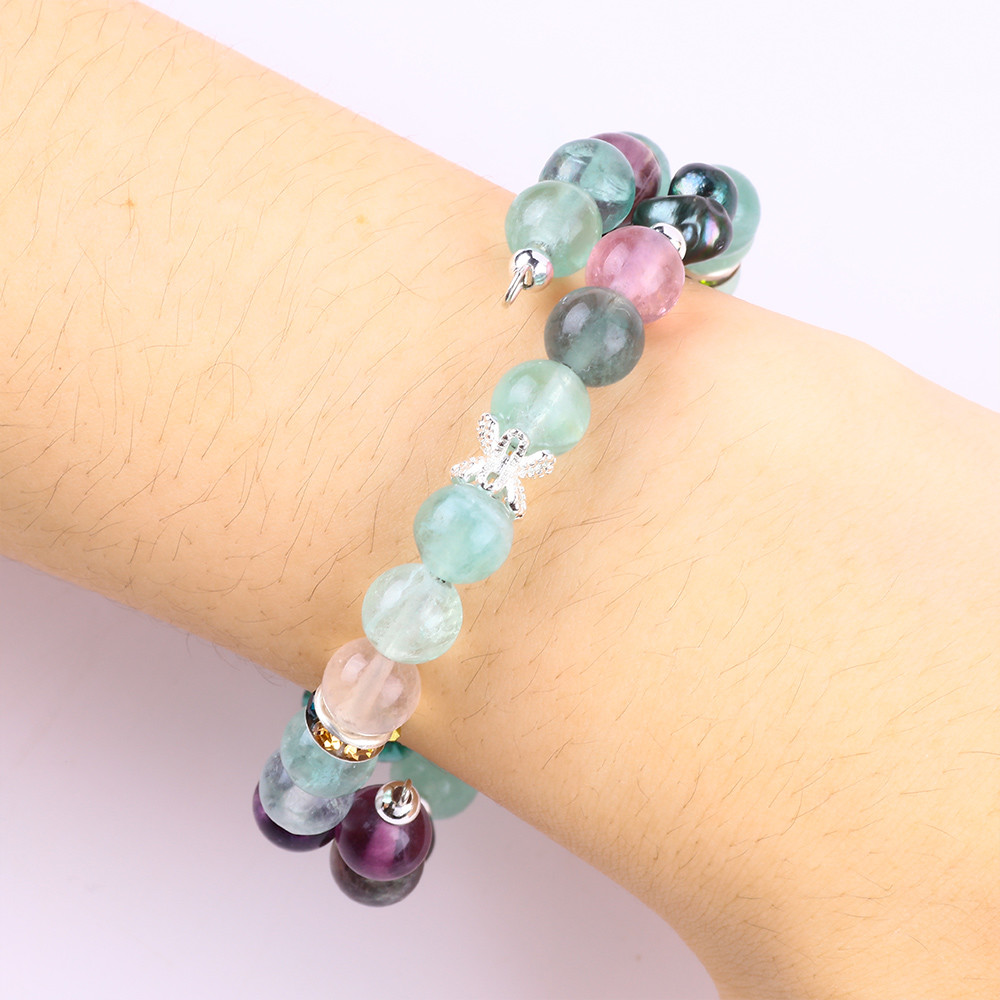 Custom DIY Fluorite Crystal With Fluorite Rose Flower Carving 8MM Round Bead Adjustable Bangle