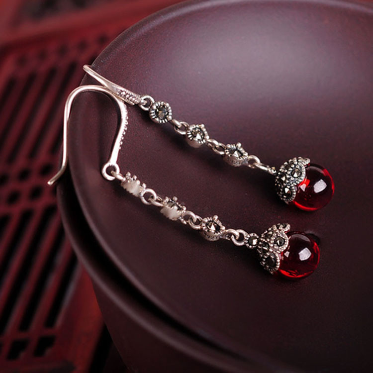 Antique Thai Silver Jewelry Sterling Silver Red Garnet Marcasite Drop Dangle Earring (E12031RED)