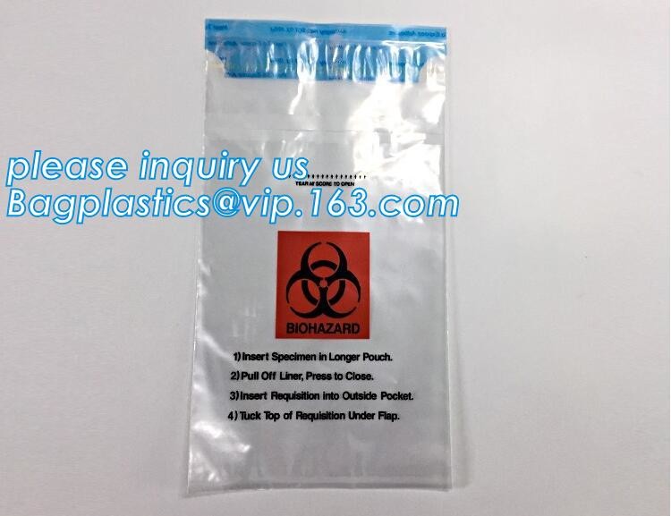 Laboratory Medical biohazard lab plastic specimen transport bag with double pouches, embossed reclosable biohazard speci