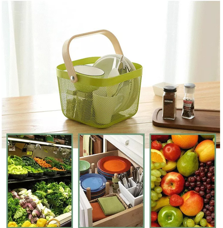 Sustainable Wire Mesh Storage Baskets With Wood Handle