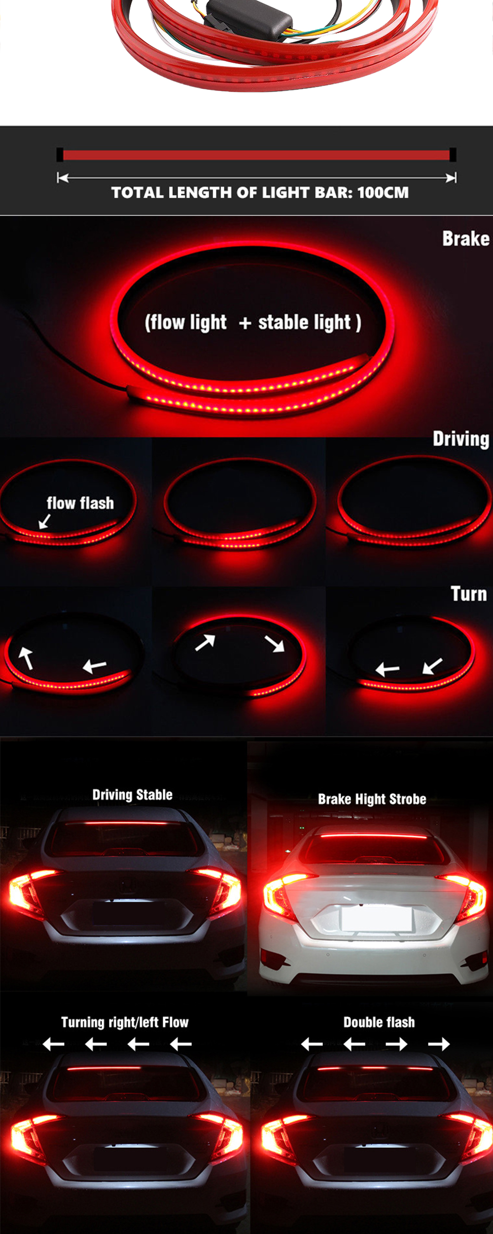 Flexible Red Flashing Car Headlight LED Tube Strip Third Brake Light Rear Tail High Mount
