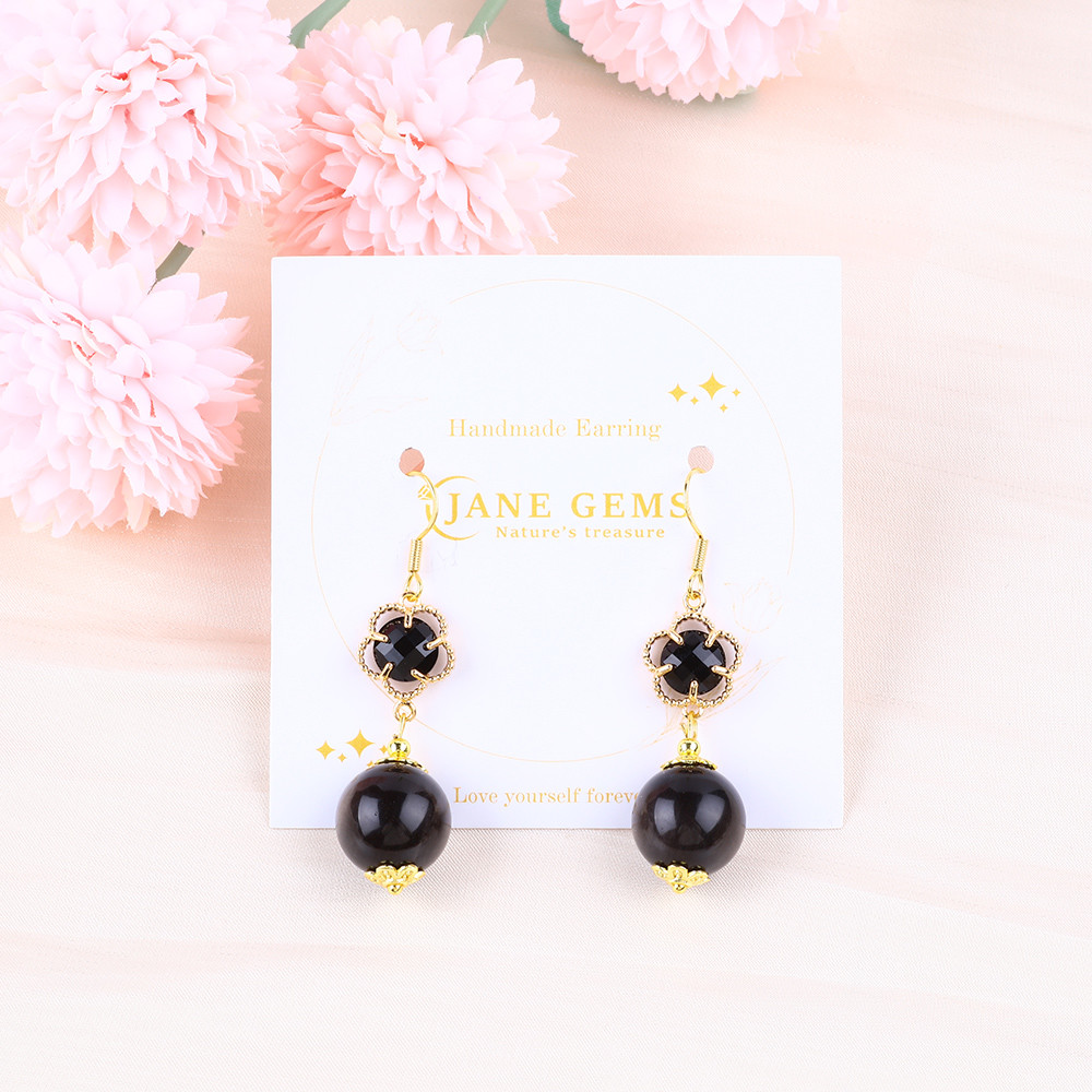Handmade Crystal Stone Earrings Silver Sheen Obsidian Gemstone Beaded Pendant Earrings Healing Crystal Stone Earrings