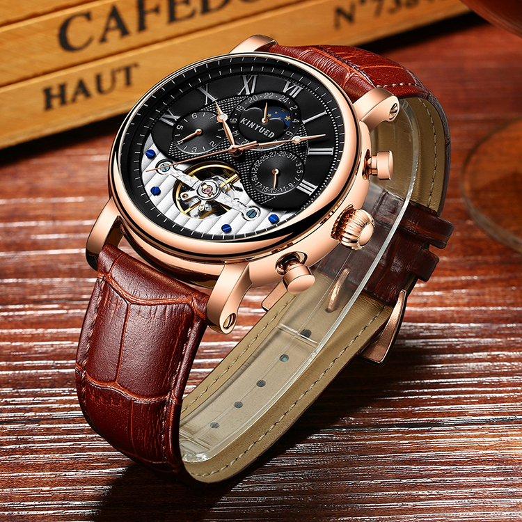 KINYUED New Silver Case Moon Phase Clock Movement Genuine Crocodile Watch Strap Water Resistant Watch