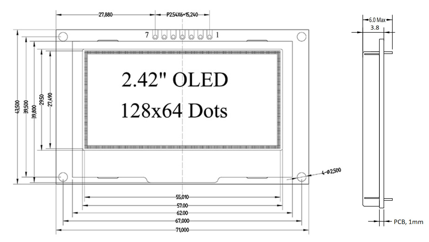 2.42 Inch Yellow OLED Display 128x64 Dots Resolution 7 Header Pin SPI Interface