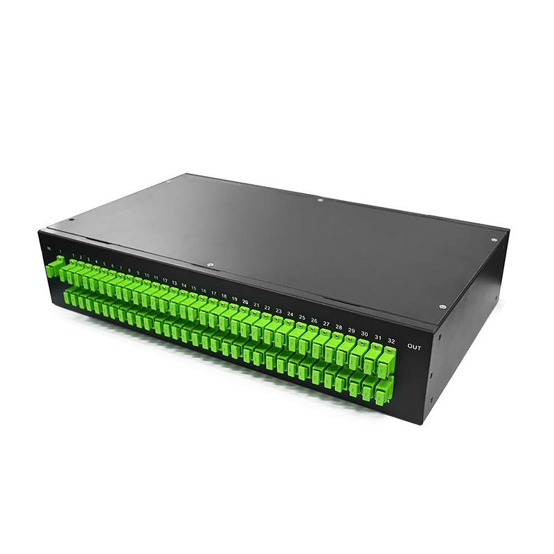 Rack Mount Fiber Optic PLC Splitter 1x64 2x64 2RU Fully Loaded With SC/APC Adapter