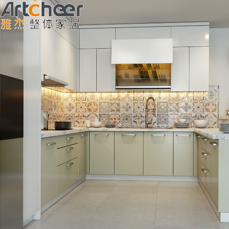 Green Color Quartz Stone Top U Shape Kitchen Cabinet for Modern Stylish Kitchen Design