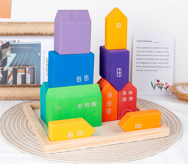 22.5cm House Wooden Rainbow Stacker Wooden Story Rainbow Stacking Toy