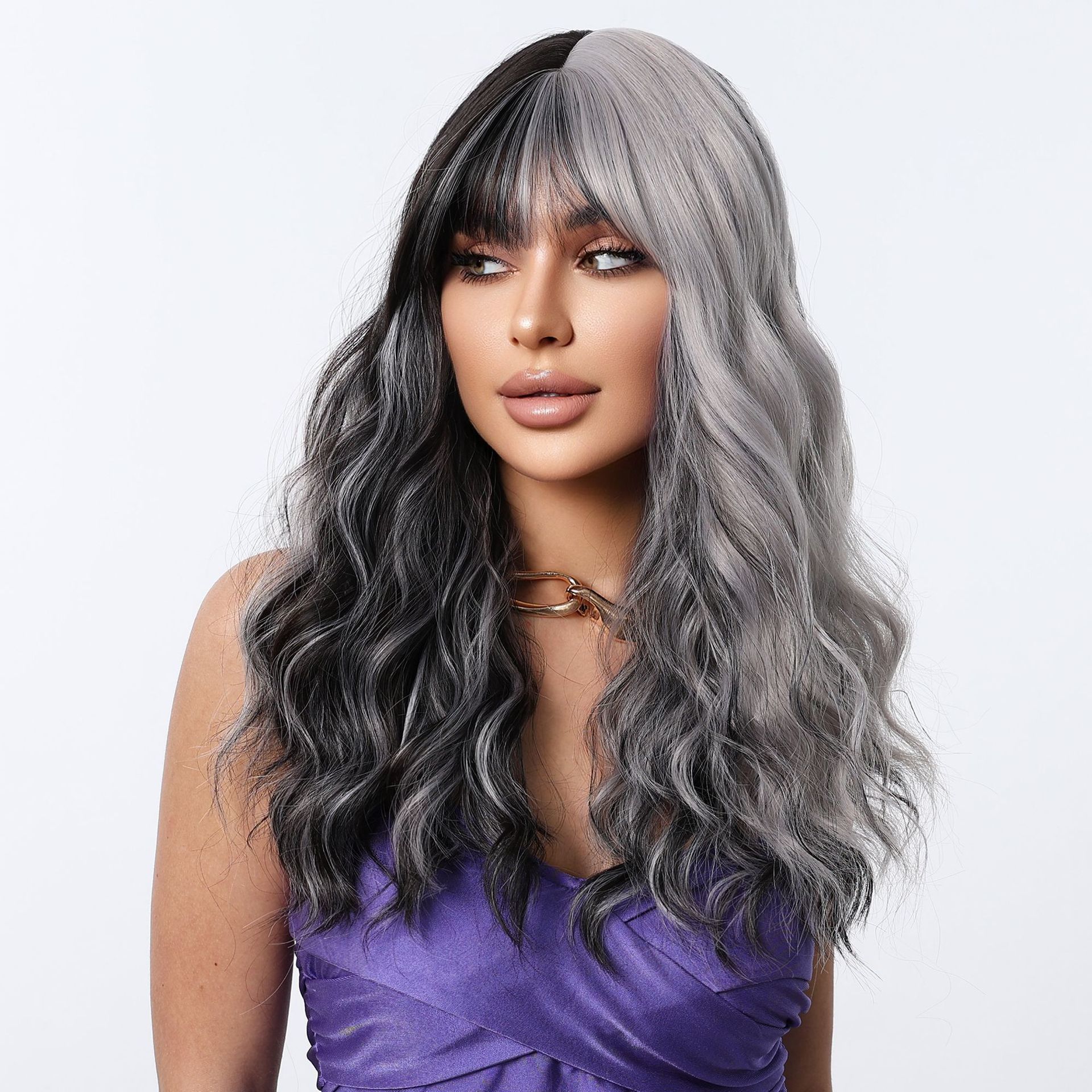 Fashion Long Body Wave Hair Grey/Black Synthetic Wigs For Women