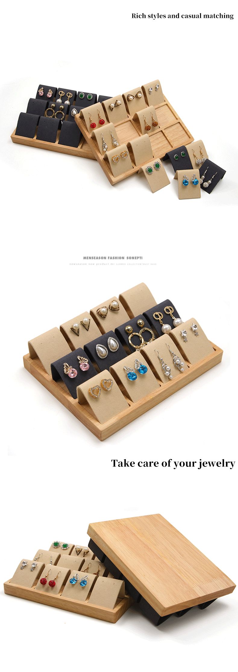 Soft Velvet Cover Wooden Jewelry Storage Display Tray Stand for Ear Studs Drops