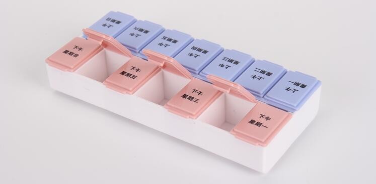 28 compartment column shape plastic pill storage box with pill crush box, Conventional eco-friendly 4 grids plastic trav