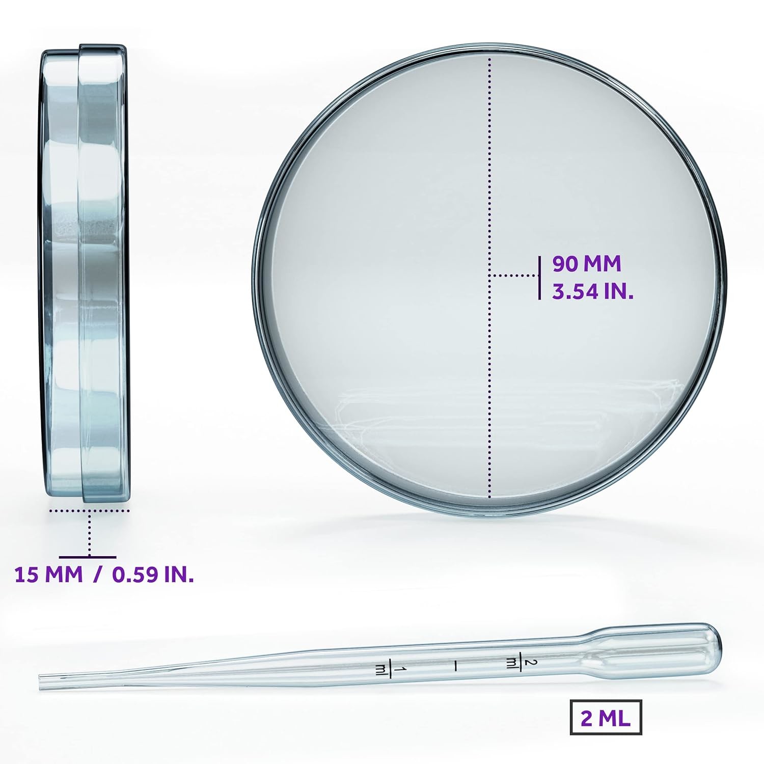 Sterile Petri Dishes With Lids (90 X 15 Mm), 2ml Plastic Pipettes For Lab Analysis, School Projects, Blood Samples