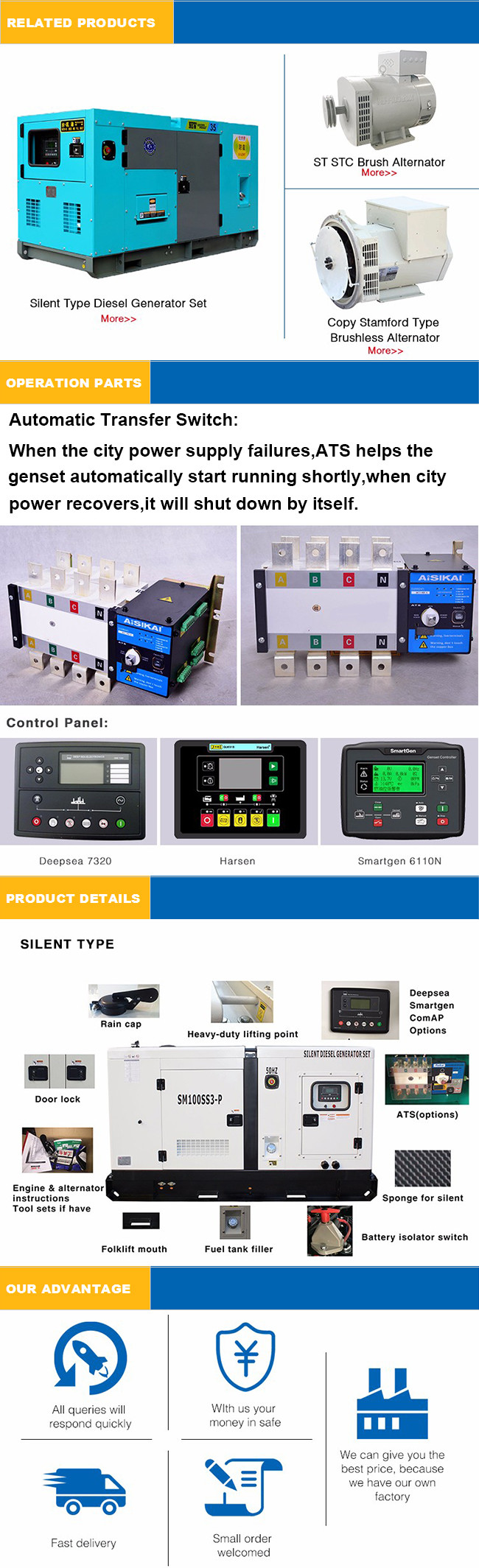 Large Fuel Tank Diesel Home Standby Generator Deepsea Controller 40KW 50KVA