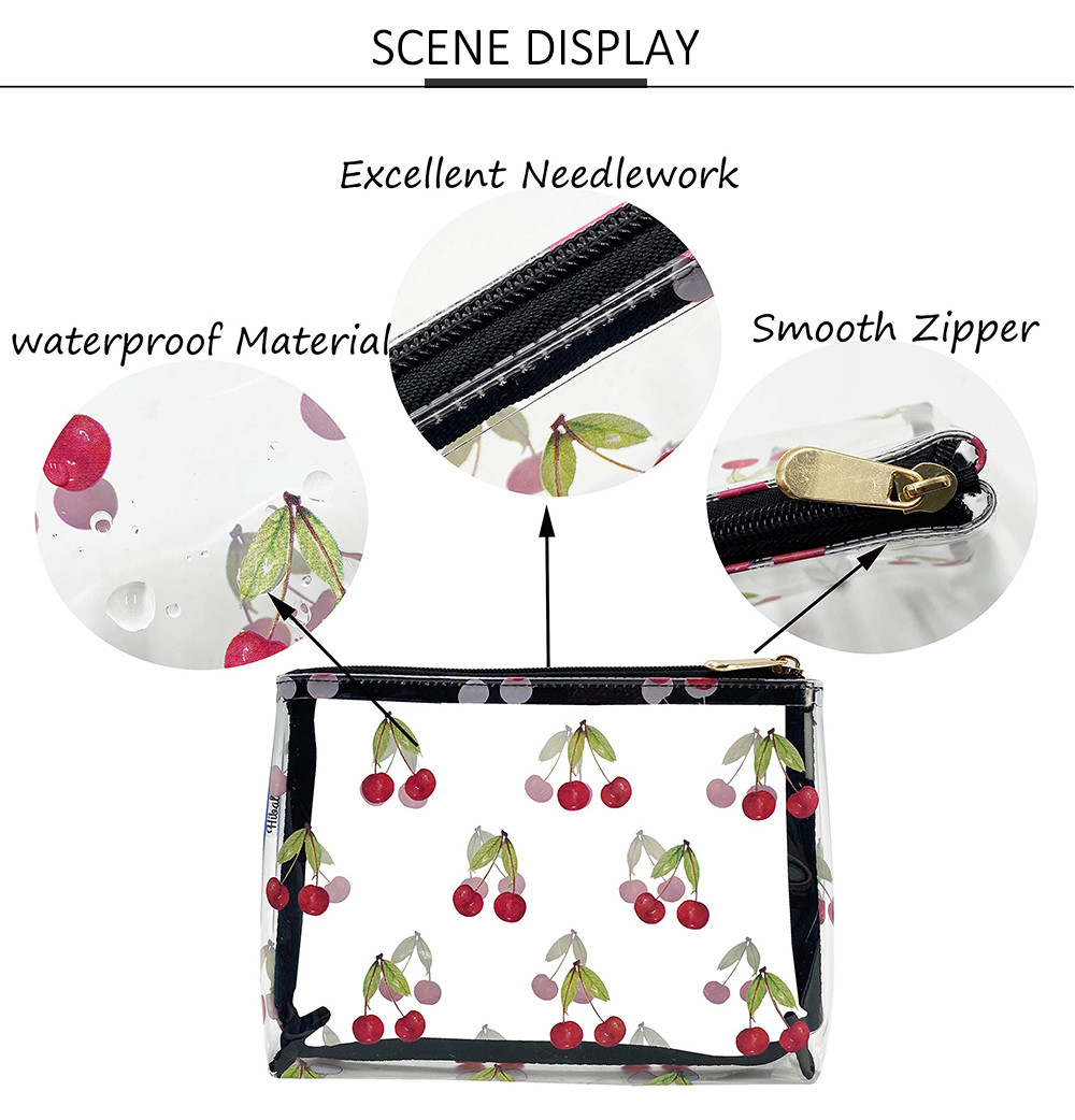 Cherry Print Clear PVC Makeup Cosmetic Bag For Travel