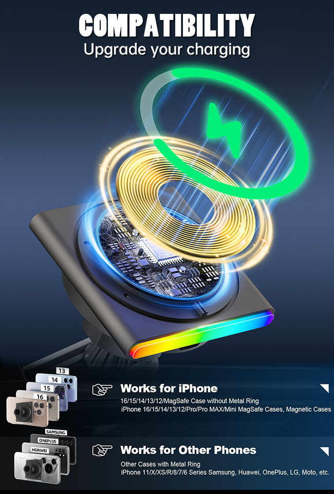 Iphone Wireless Charger QI2 Ultra-Thin Design Pickup Lamp Metal Super Strong Magnetic Suction 360-Degree Rotation Fast Charging