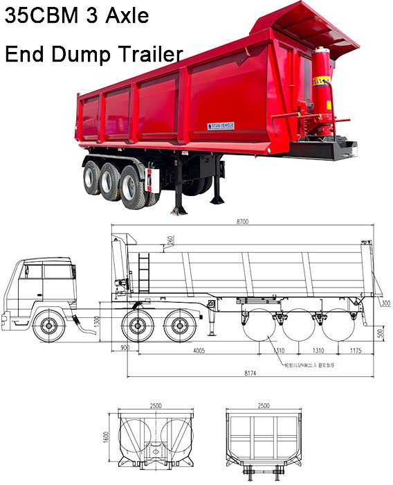 TITAN 35CBM Best 3 Axle End Dump Trailer for Sale