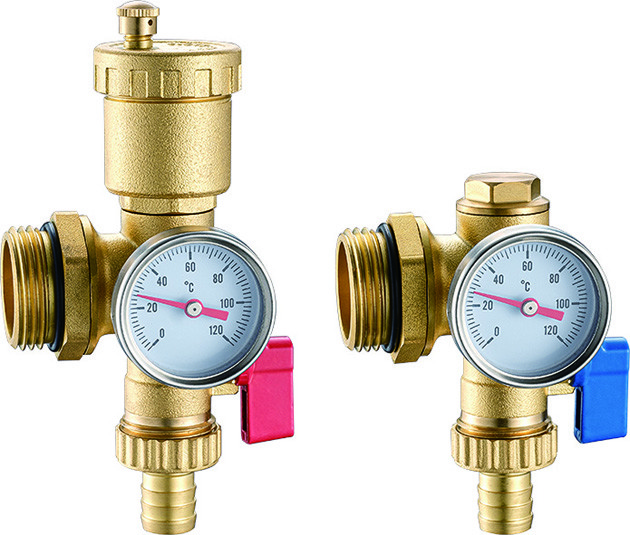 6011+6012 Extruded Profile Manifold Parts Supply / Return End Set as Auto. Air-vent + Draining Valves with Meter Outlets