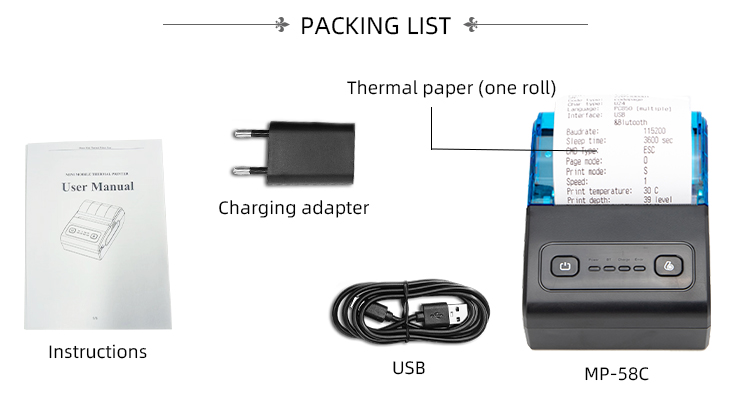 Mp-58c Bluetooths Usb Receipt Thermal Printer for Ios Android 58mm Portable Printer