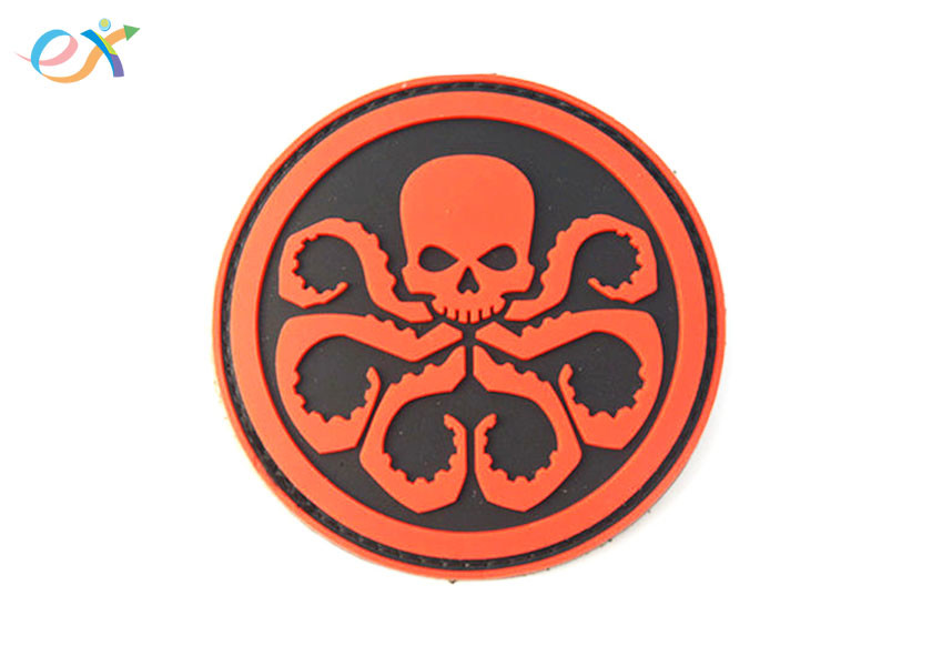 Size Customized PVC Rubber Patch Black Background Red Sign Round Shape