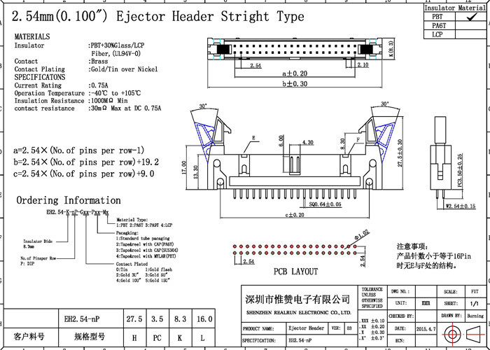 20 Pin Straight Header Connector Gold / Tin over Nickel Contact Plating