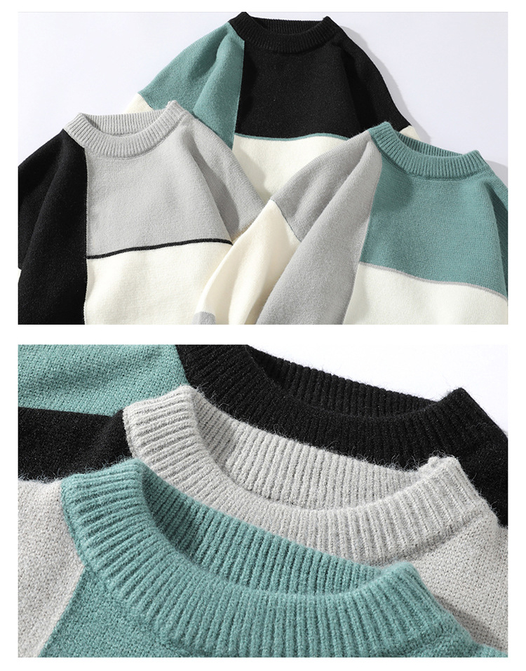Acrylic Men Crew Neck Sweater White Black Green Color Block Knitted Oversize Sweater