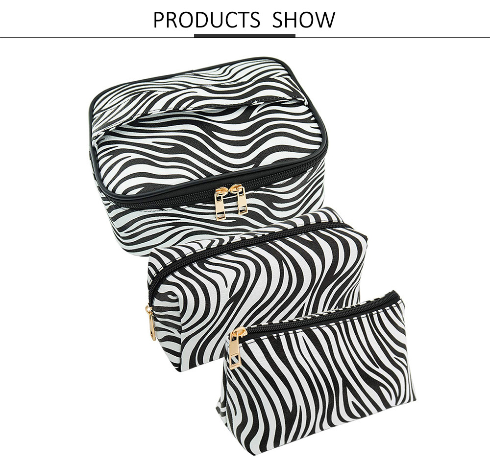 3 Pack Zebra Striped PU Leather Toiletry Travel Bag