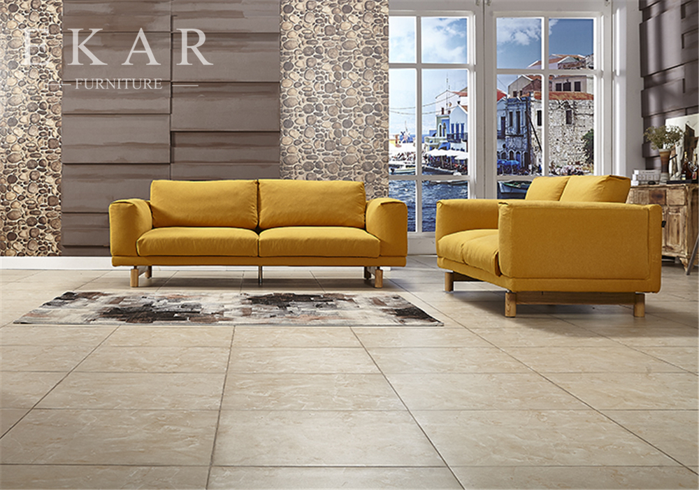 Wide Couch Set Pine Wood Yellow Fabric Sofa Set AW-1618