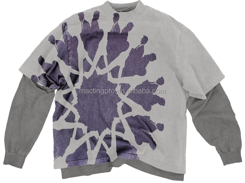 O-Neck Collar Double Layered Long Sleeve T-shirt for Unisex Distressed Vintage Washed