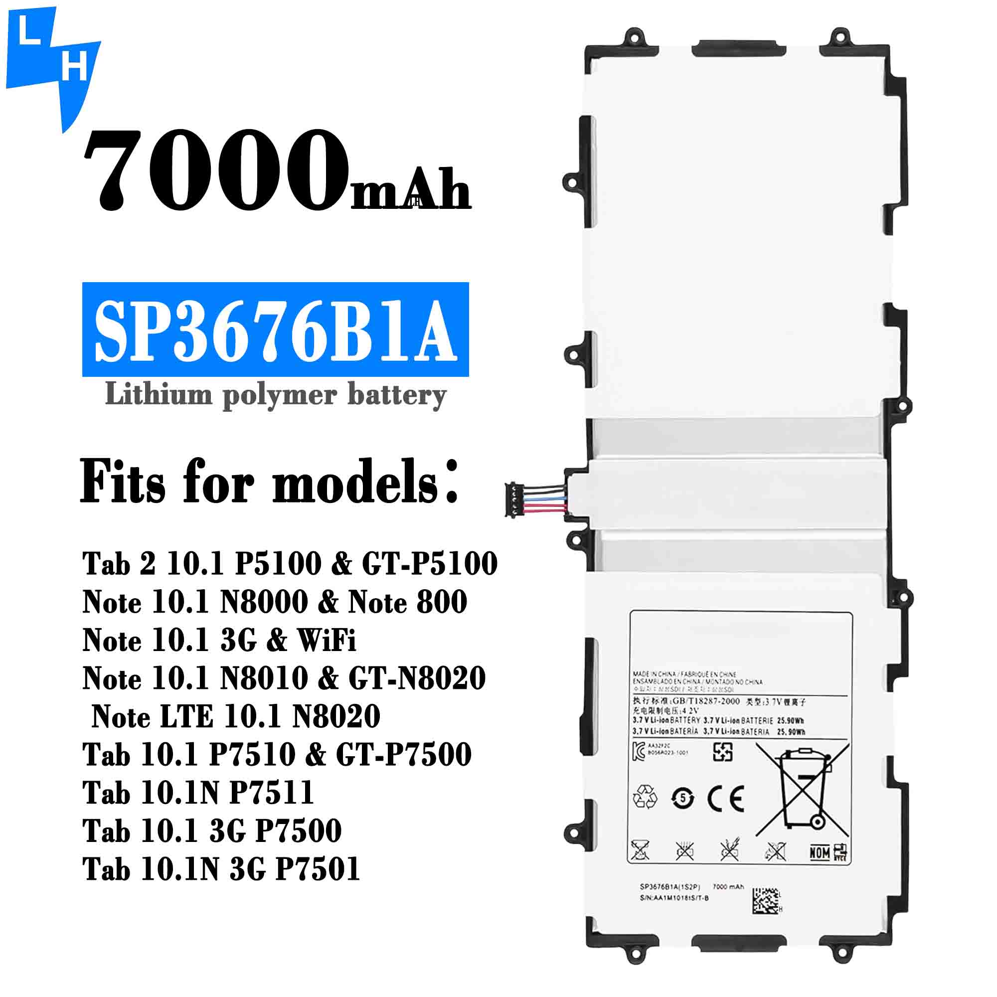 7000mAh A Battery OEM SP3676B1A for Samsung Galaxy Tab 2 10.1 N8000 N8020 P5100 P7510