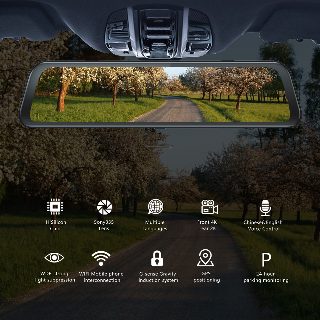 Rearview Mirror Motion Sensor 4K GPS Dash Cam For Car 12 Inch SONY IMX335 3840x2160P