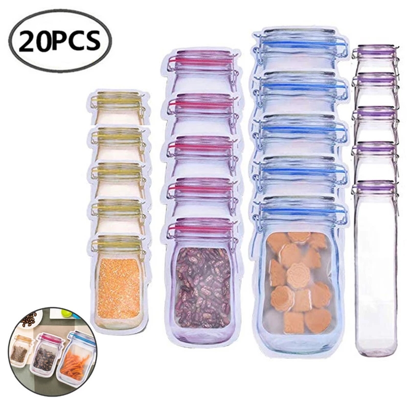 Factory Price Mason Jar Shape Storage Bags Snacks Candy Fresh Zipper Seal Food Reusable Stand-up Organizer