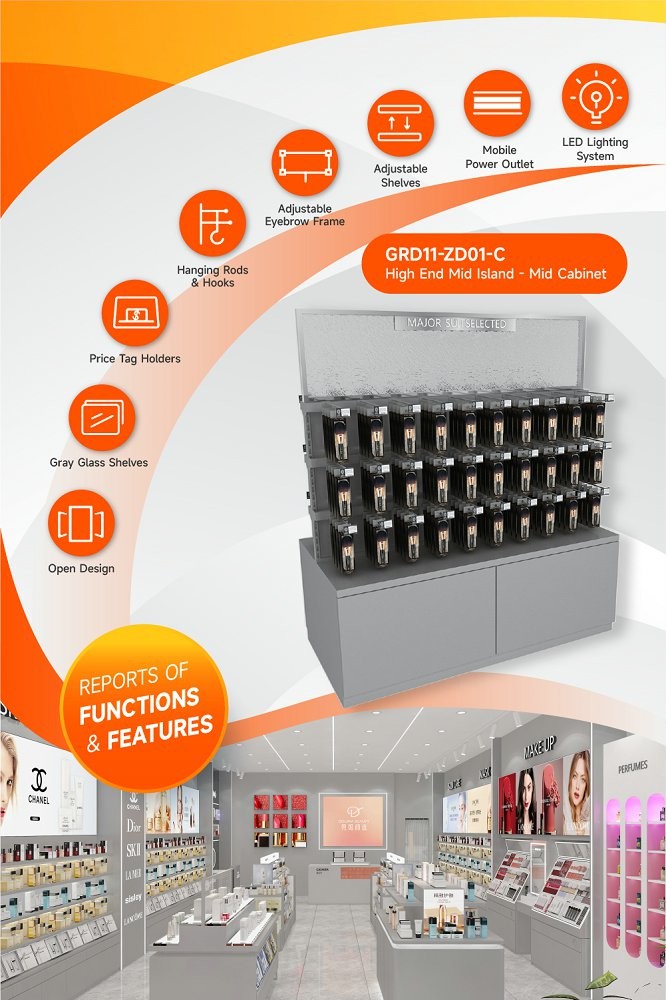 GDR11-ZD01-C Retail Store Display with Rods and Hooks and Adjustable Shelves for Beauty Counters
