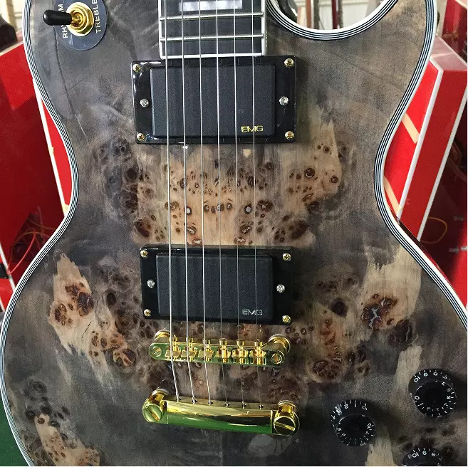 Custom GB Style Les Paul LP Electric Guitar Gray Burl Maple Top Gold Hardware