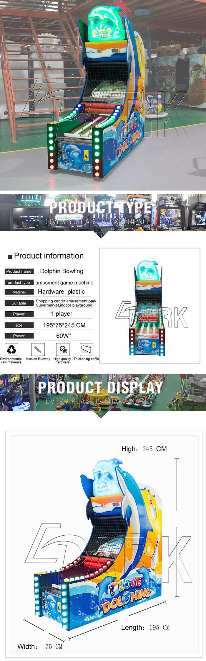 Dolphin Bowling rolling balls Game EPAKR kids Funny Sports playground coin operated machine